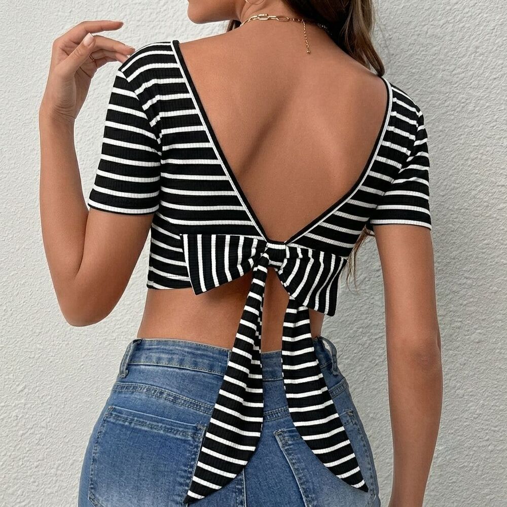 Shein Essnce Striped Crop Tee Womens XS Knit Backless Tie Open Back Short Sleeve
